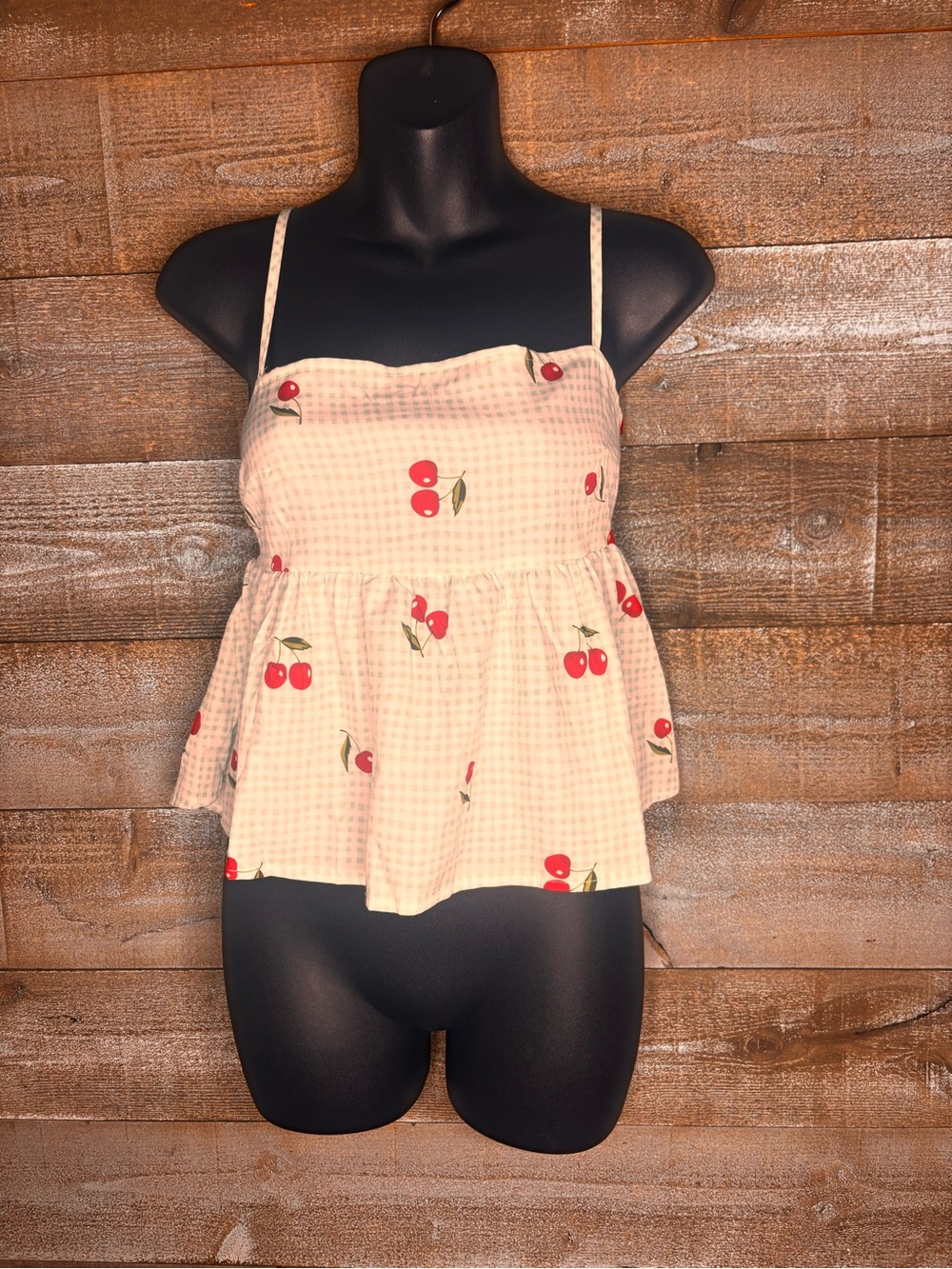Cherry picnic plaid summer printed tank top with open tie back